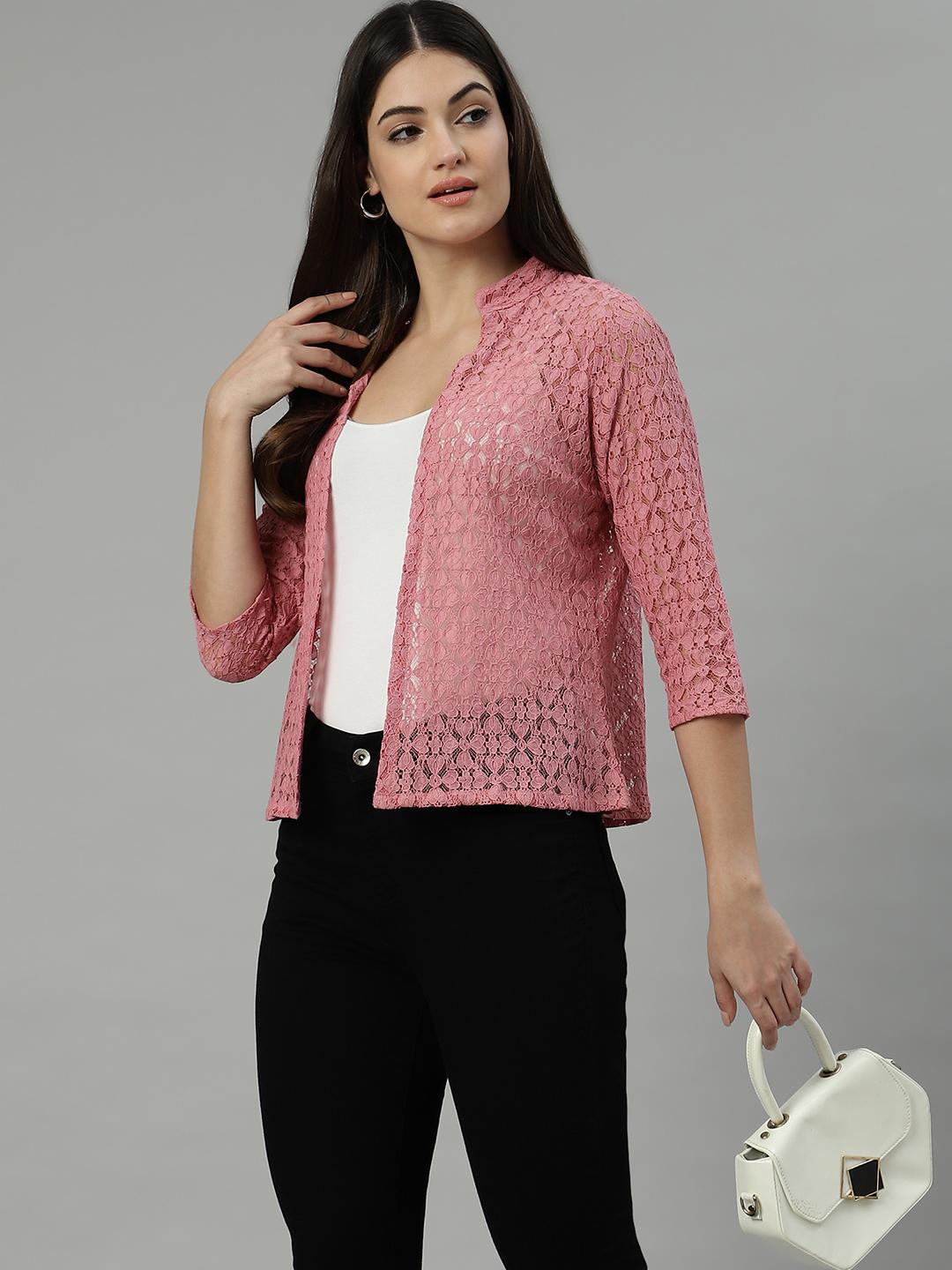 Unaone Women's Dusty Pink Floral Lace Open-Front Shrug