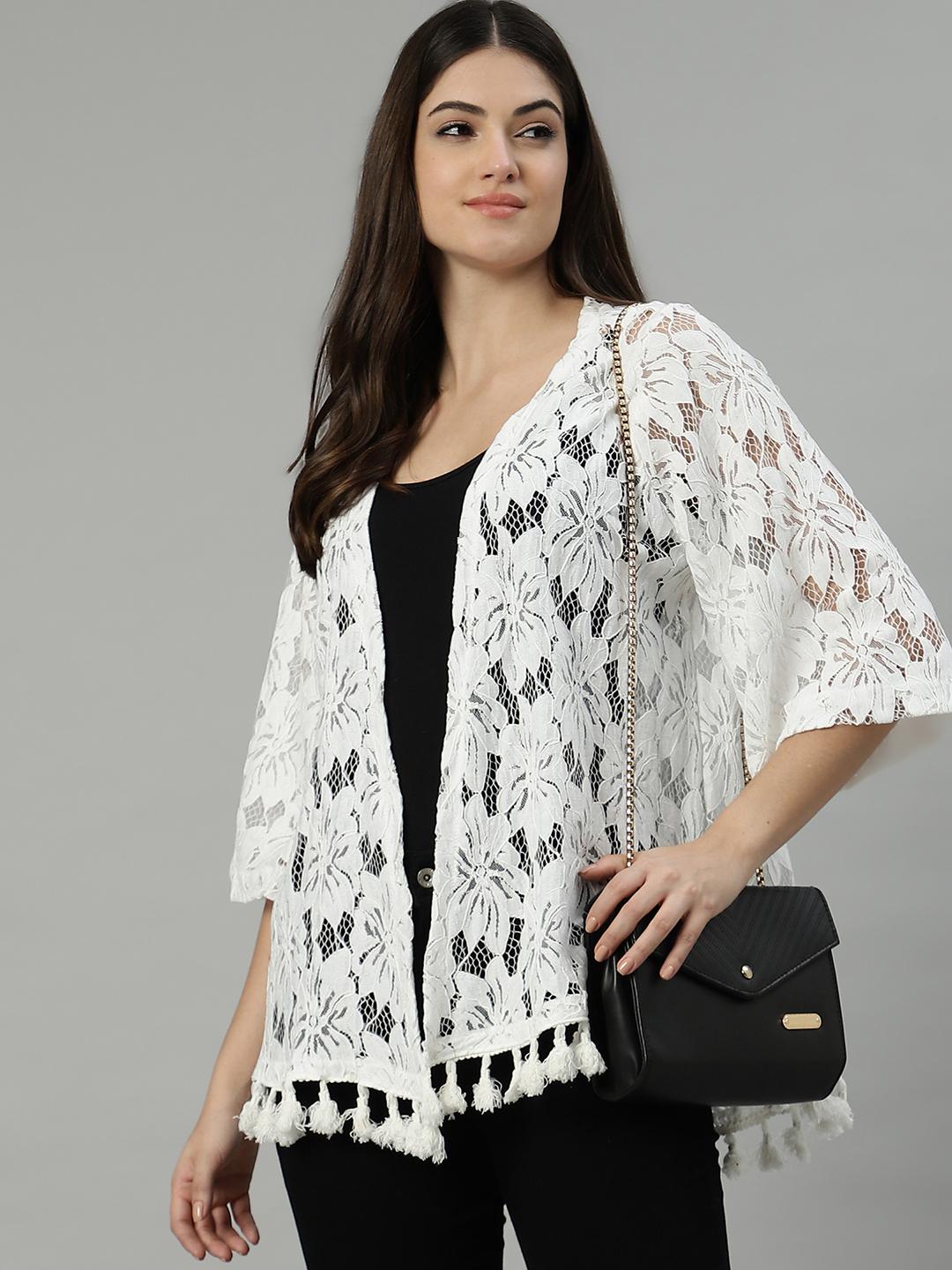 White Floral Lace Shrug with Tassel Hem