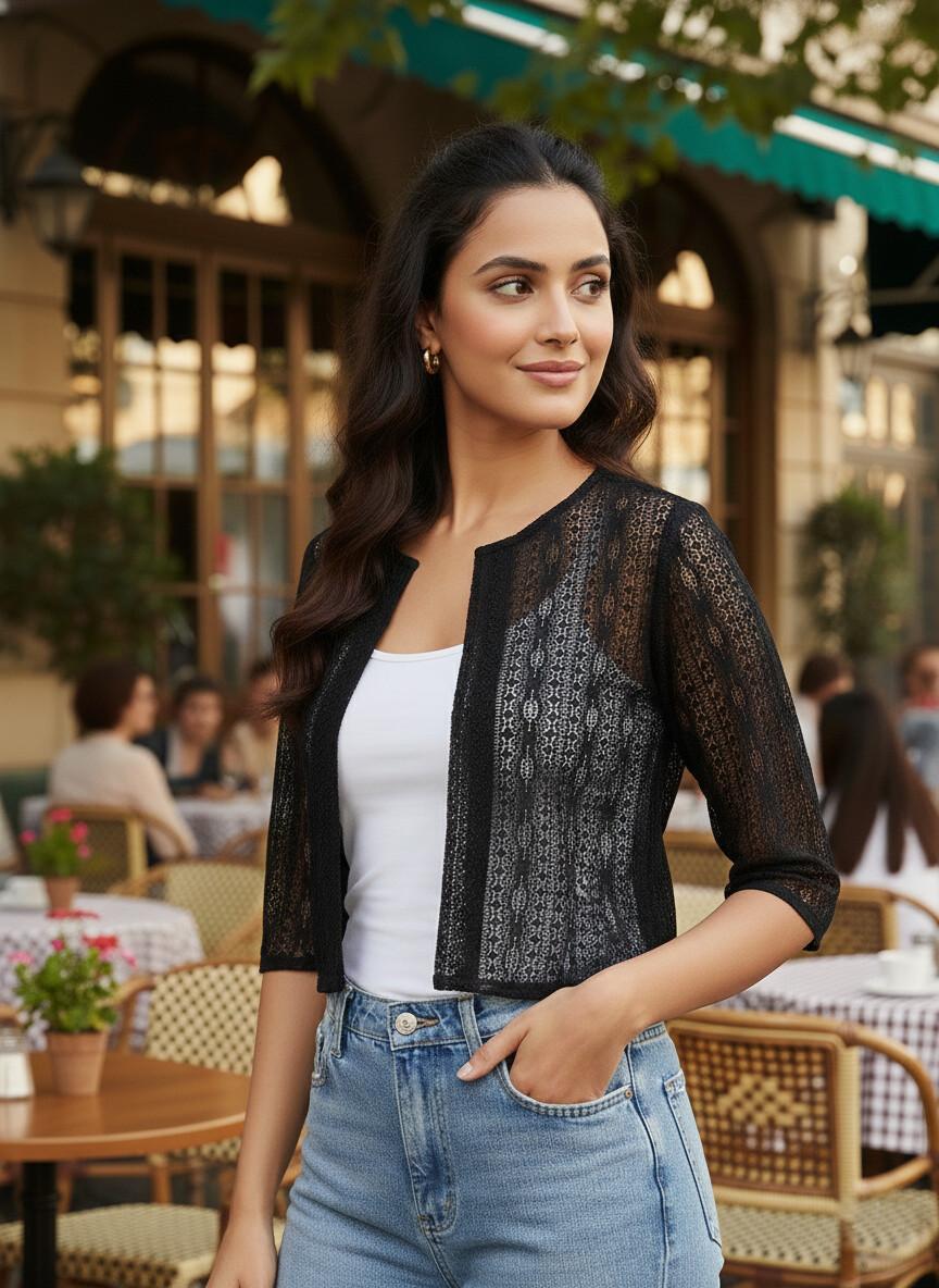 Black Lace Crop Shrug – Open-Front Crochet Layering Top