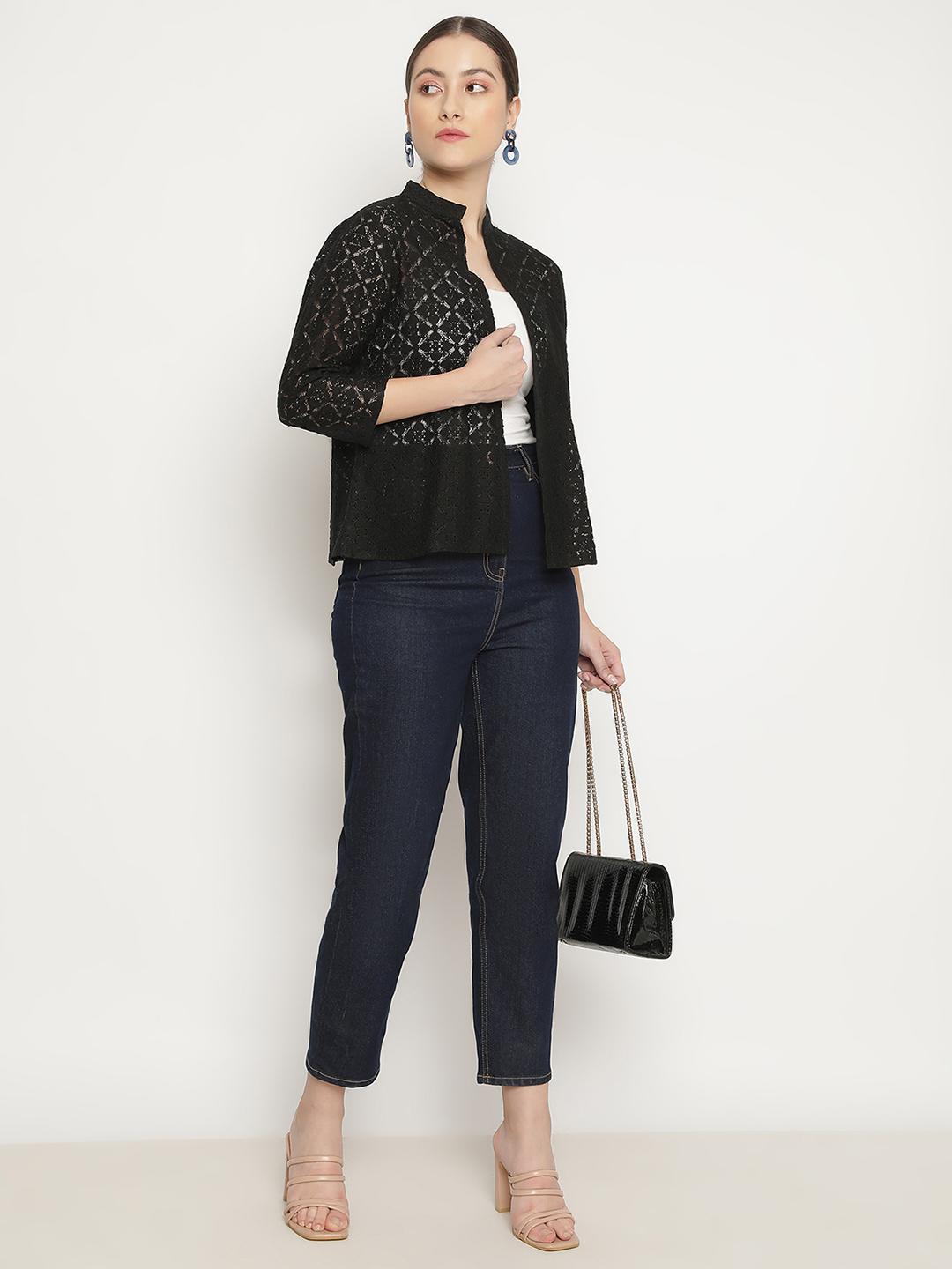 Women's Black Lace Shrug – Open-Front Overlay Coller