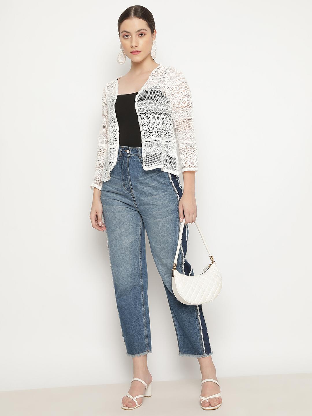 Unaone Women's White Crochet Lace Open-Front Shrug