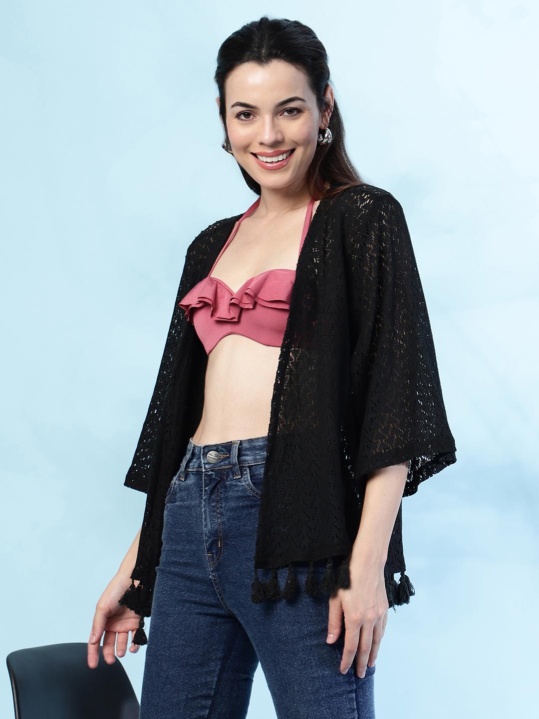 Black Crochet Tassel Shrug