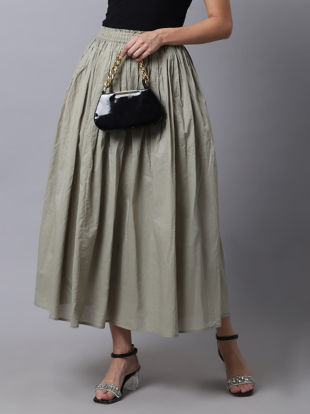 Unaone Women Beige Solid Flared Maxi Skirts With Lining