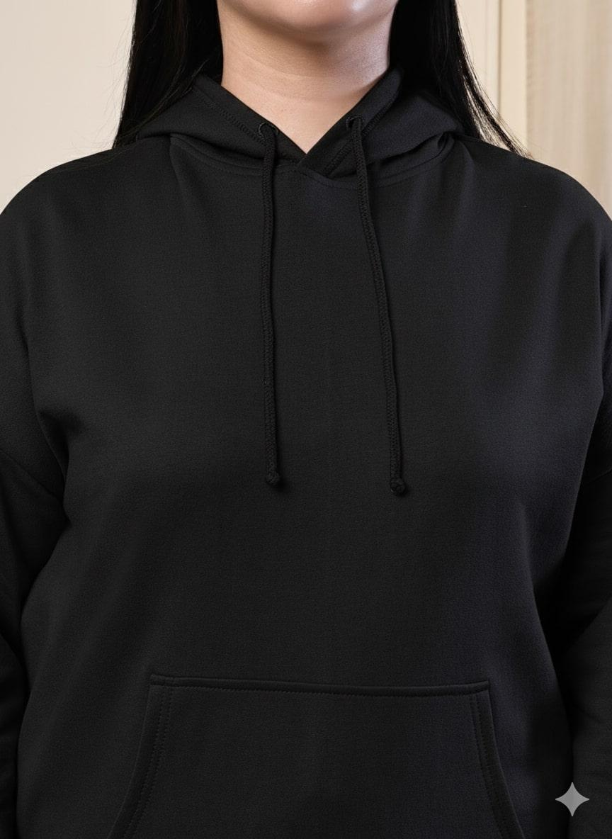 Women's Hoodie & Jogger Tracksuit Set – Black Cotton Fleece