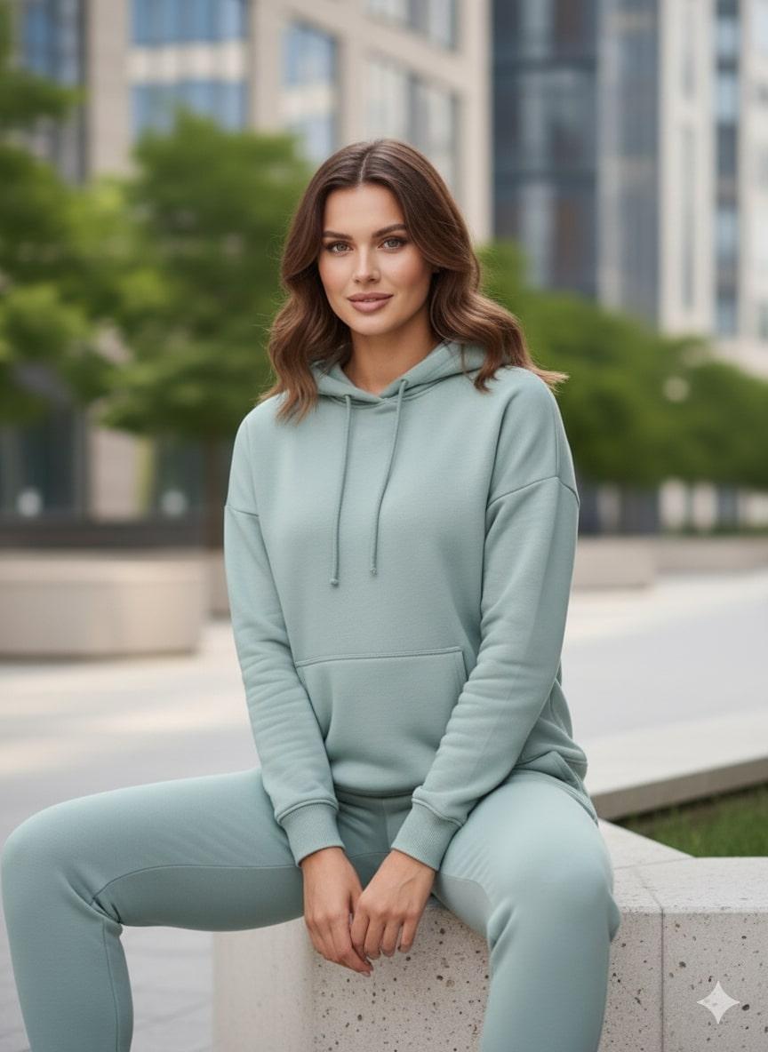 Woman wearing a light blue hoodie and pants sitting on a bench with a cityscape background