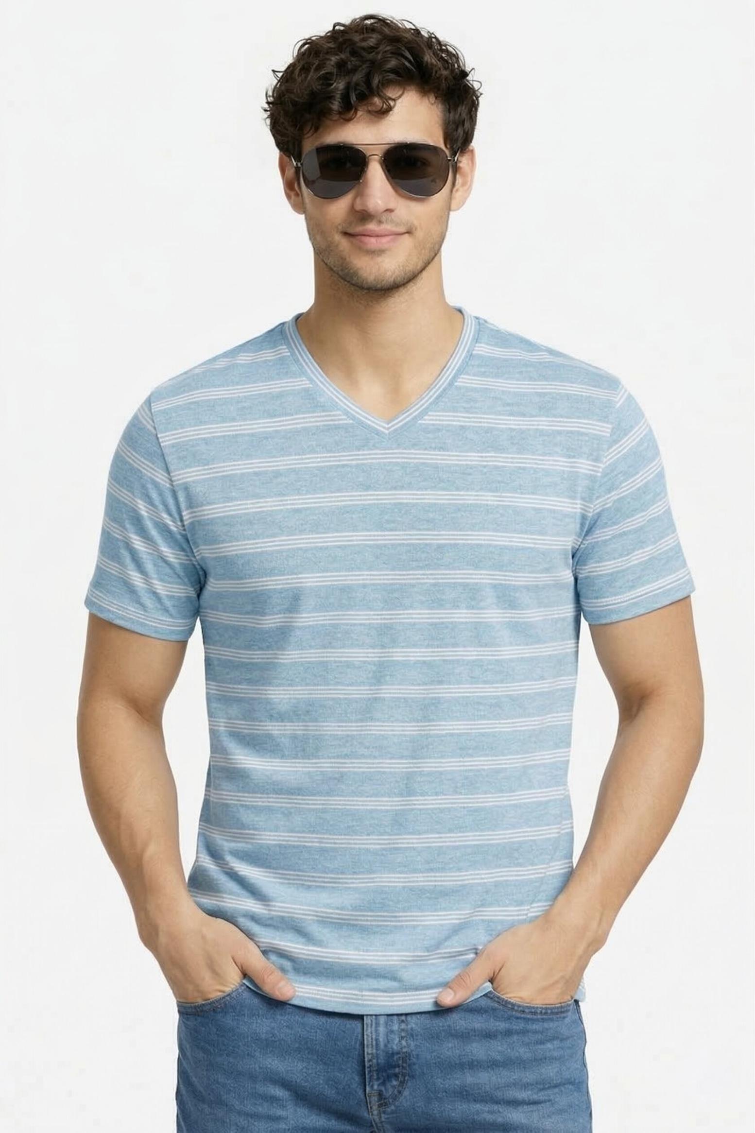 Man wearing a pure cotton blue striped shirt and sunglasses on a white background