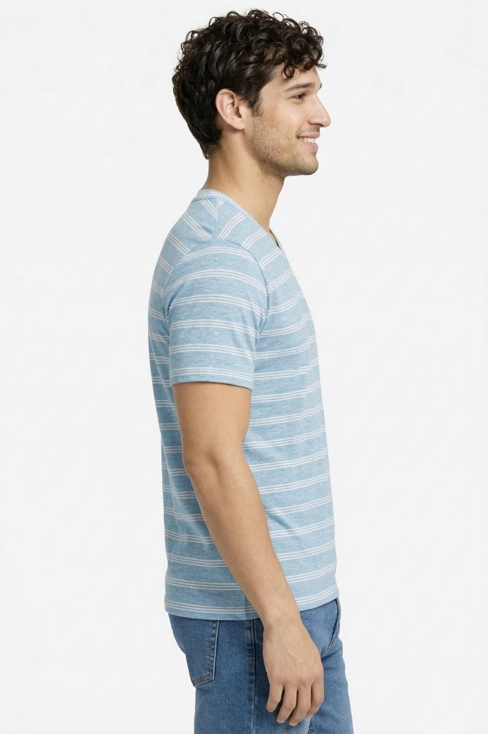 Men's Striped Cotton V-Neck T-Shirt – Sky Blue