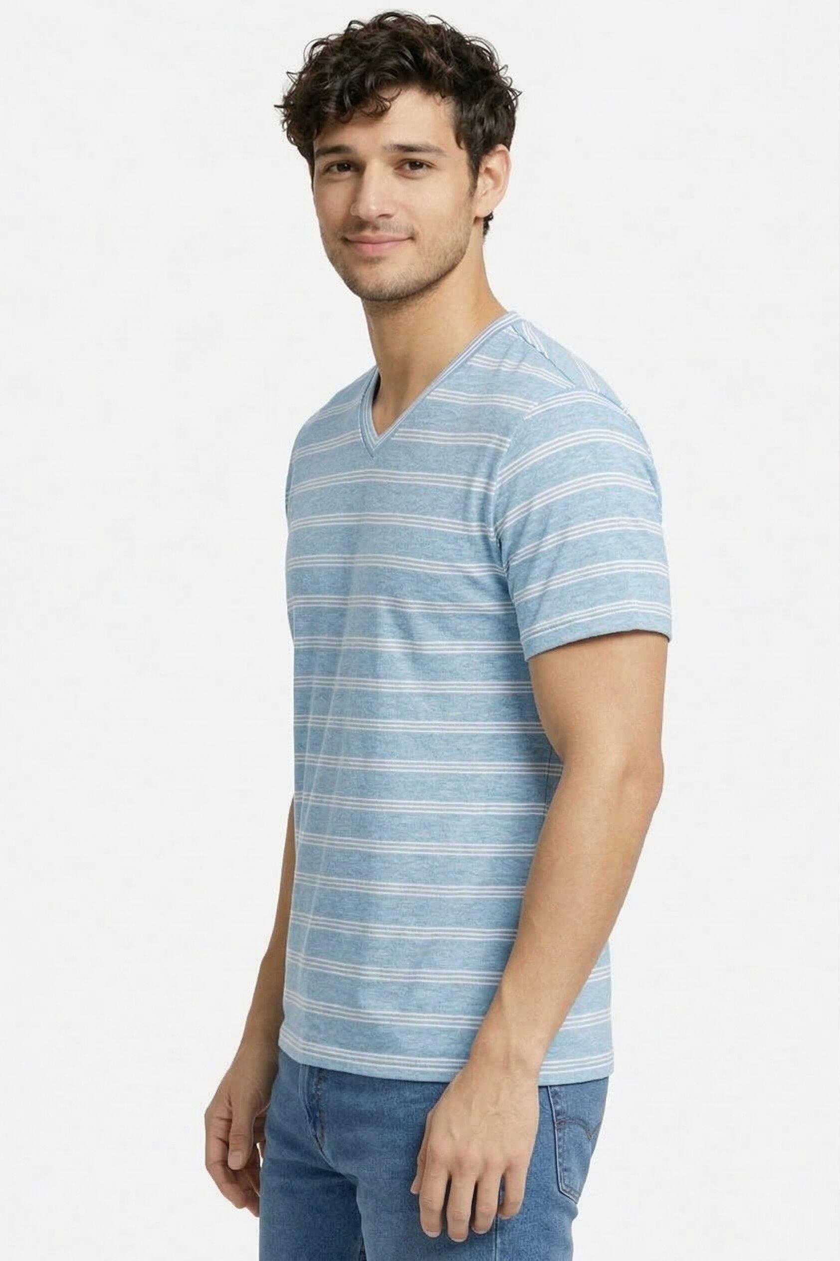 Man wearing a blue striped shirt on a white background