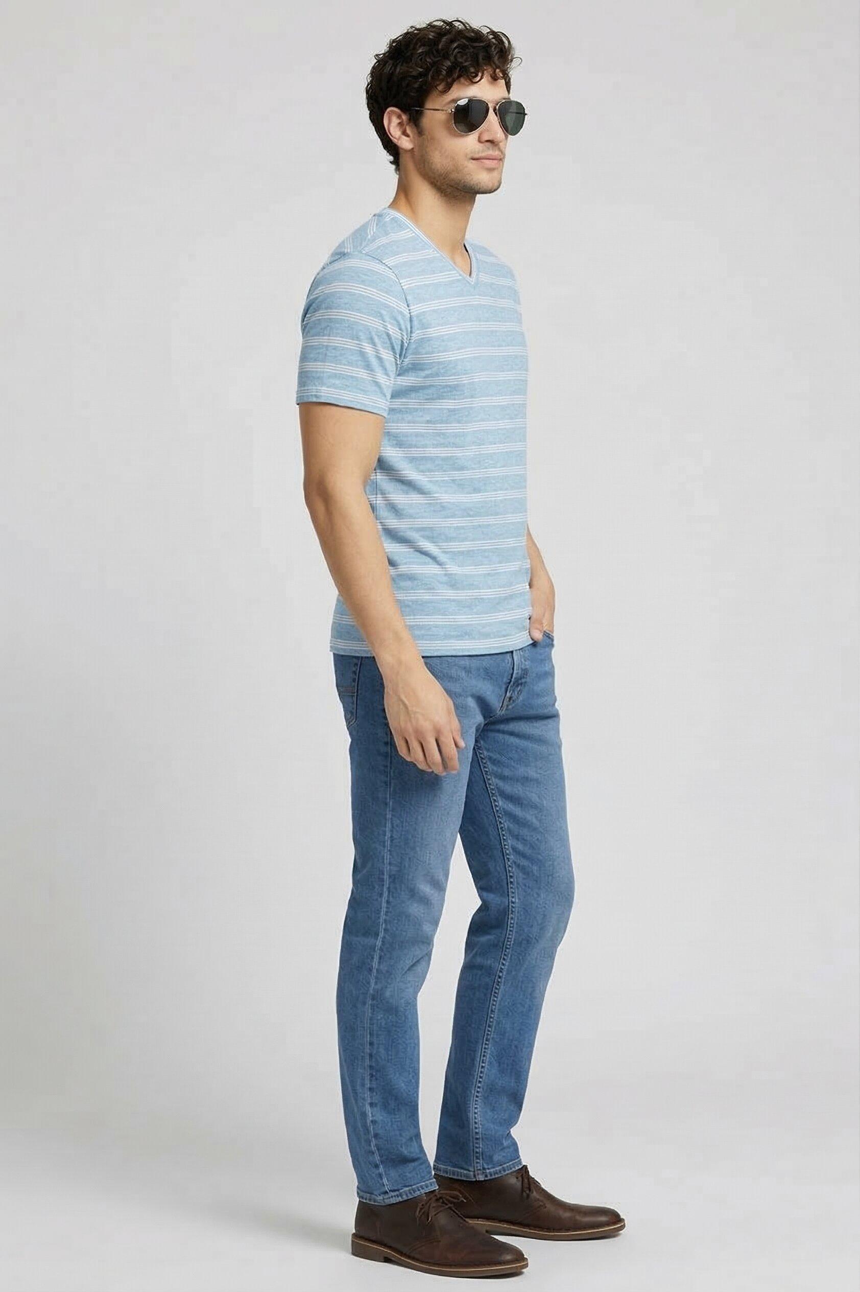 Men's Striped Cotton V-Neck T-Shirt – Sky Blue