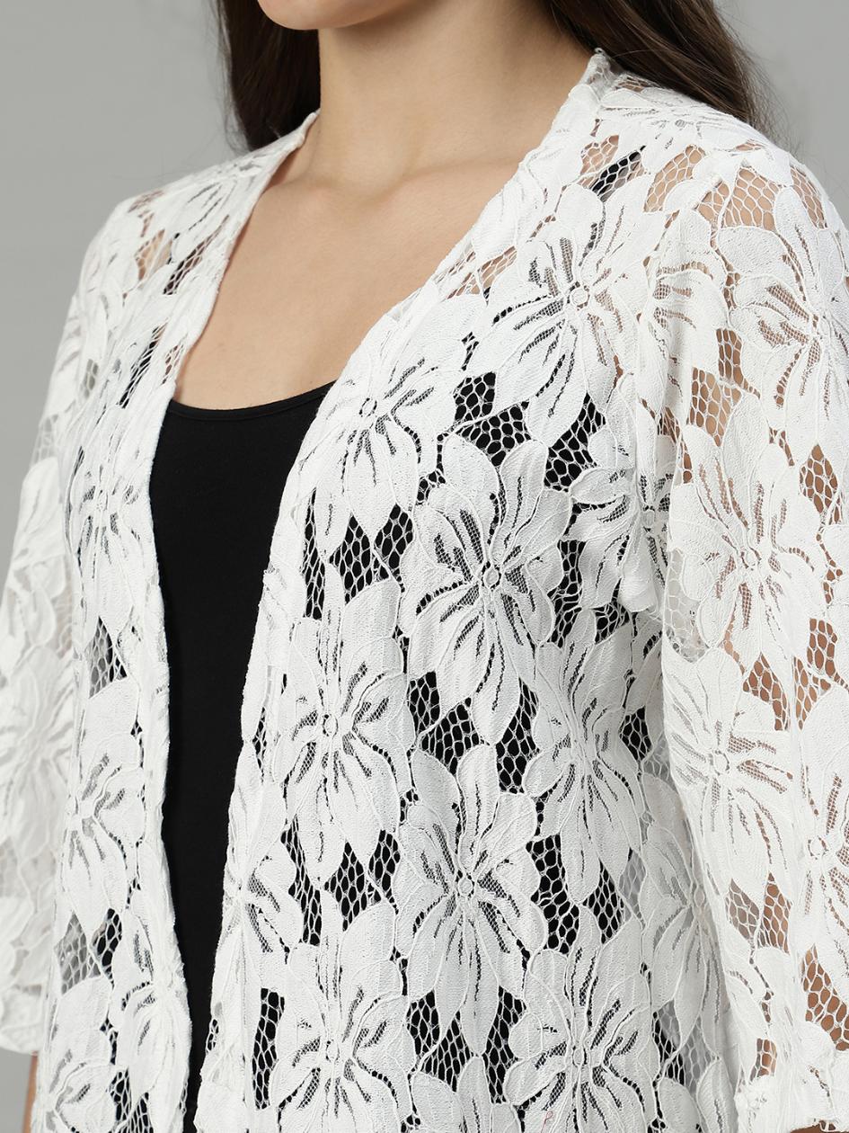 White Floral Lace Shrug with Tassel Hem