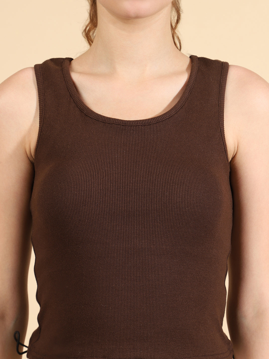 Unaone Women Brown Coffee Cotton Ribbed Sleeveless Vest Tank Top