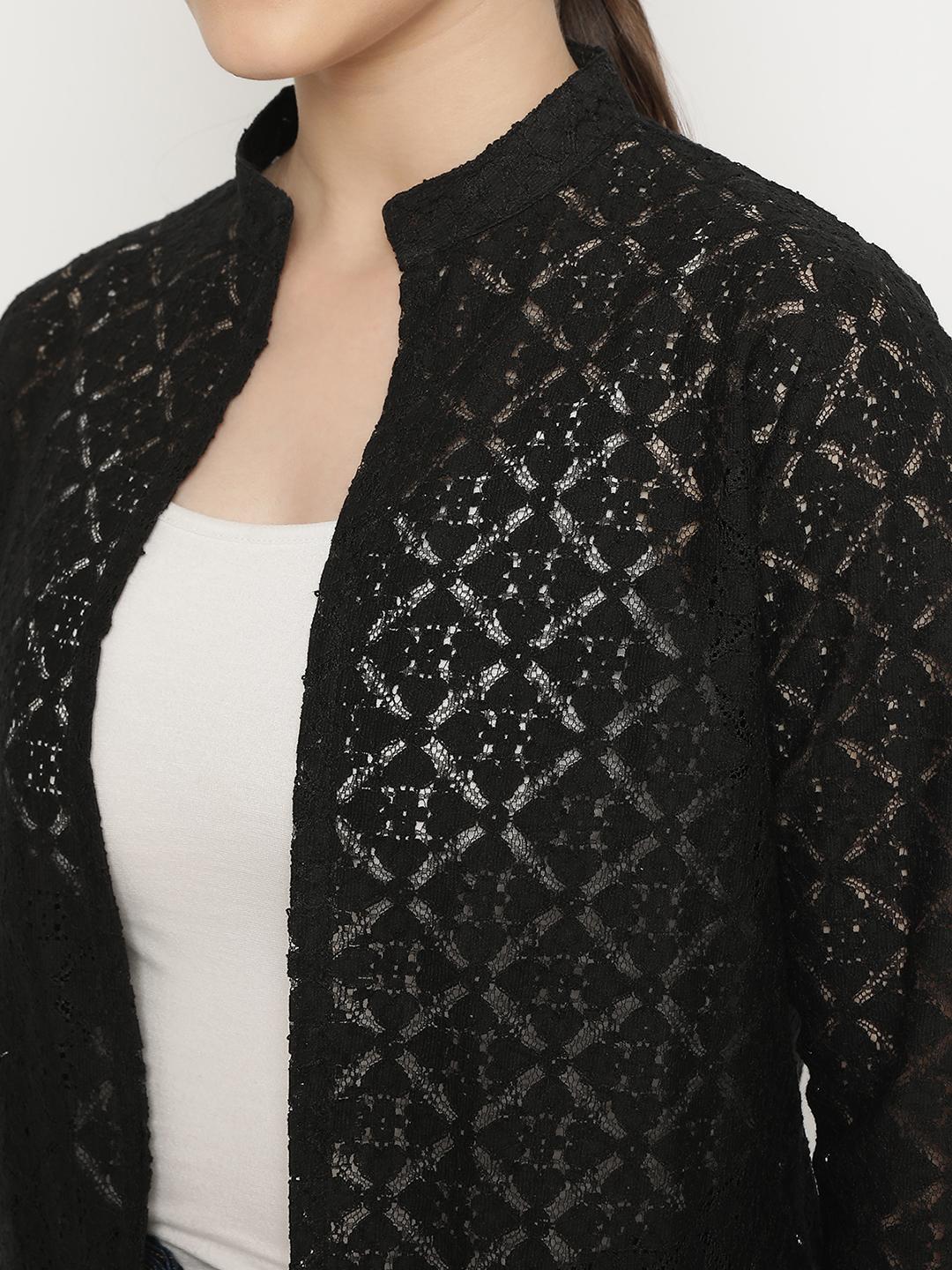 Women's Black Lace Shrug – Open-Front Overlay Coller