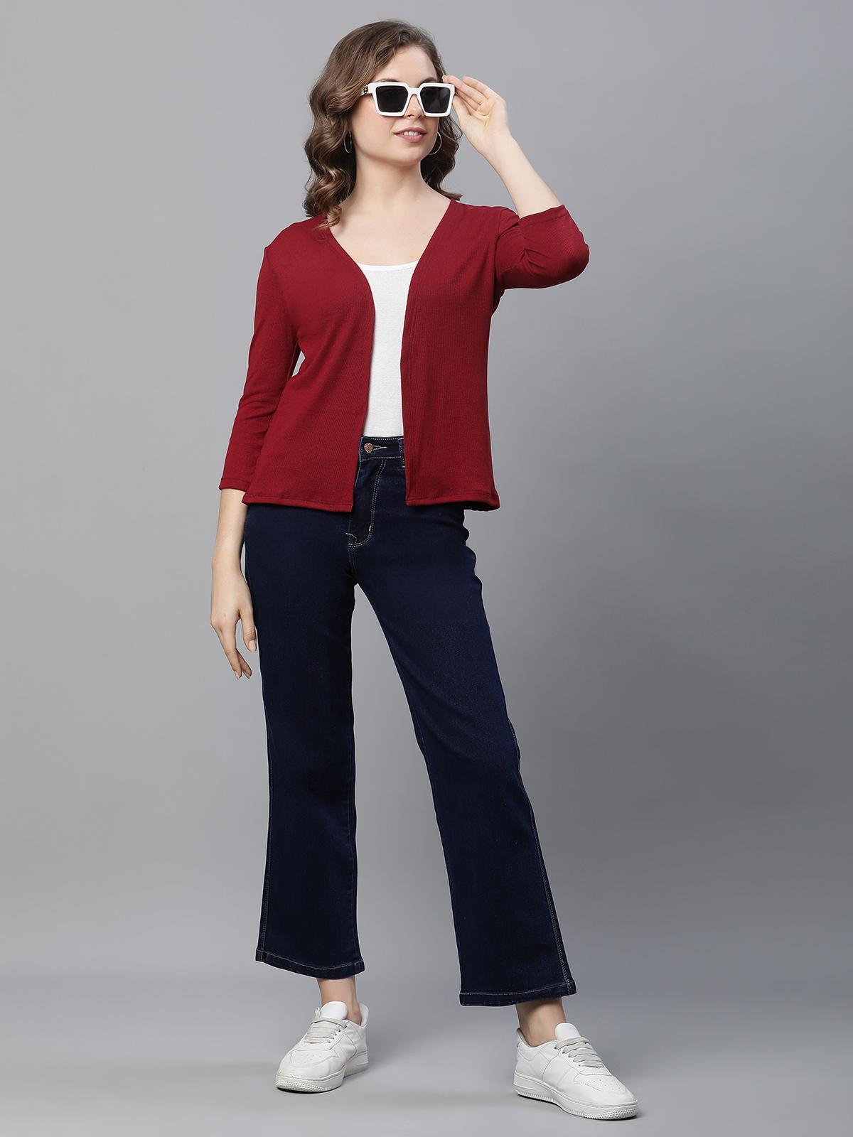 Women's Ribbed Open-Front Shrug – Maroon