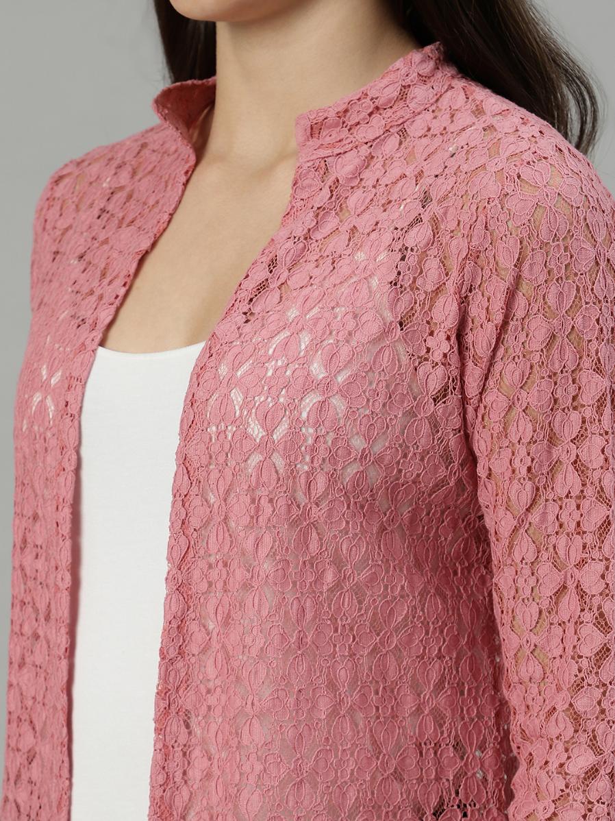 Unaone Women's Dusty Pink Floral Lace Open-Front Shrug