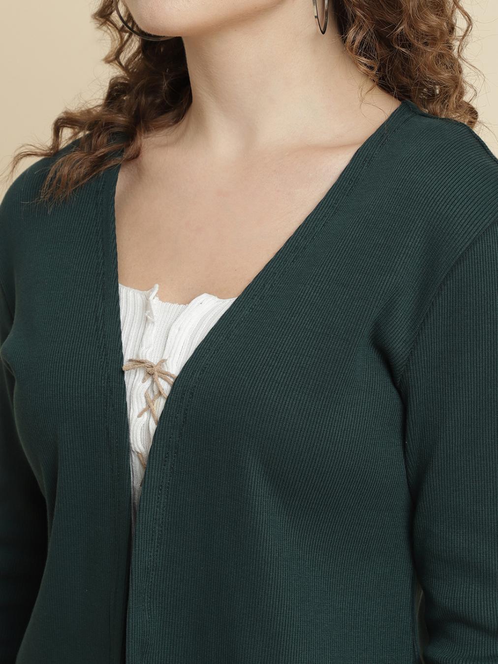 Ribbed Open-Front Shrug – Teal Green
