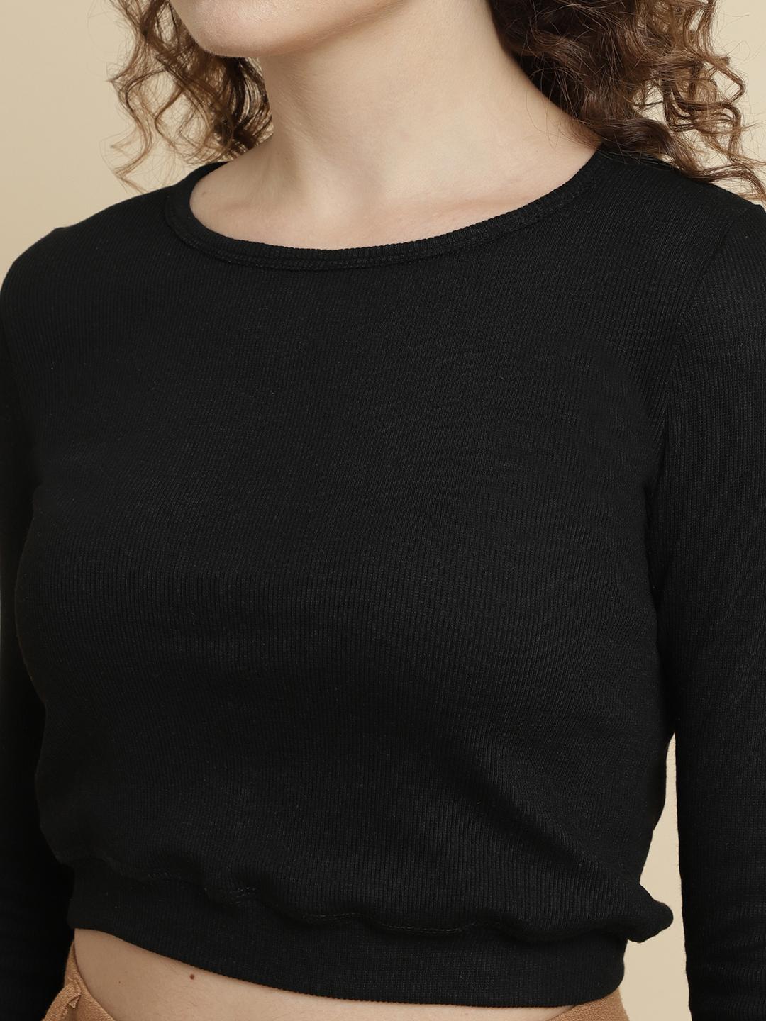 Black Ribbed Crop Top – 3/4 Sleeve