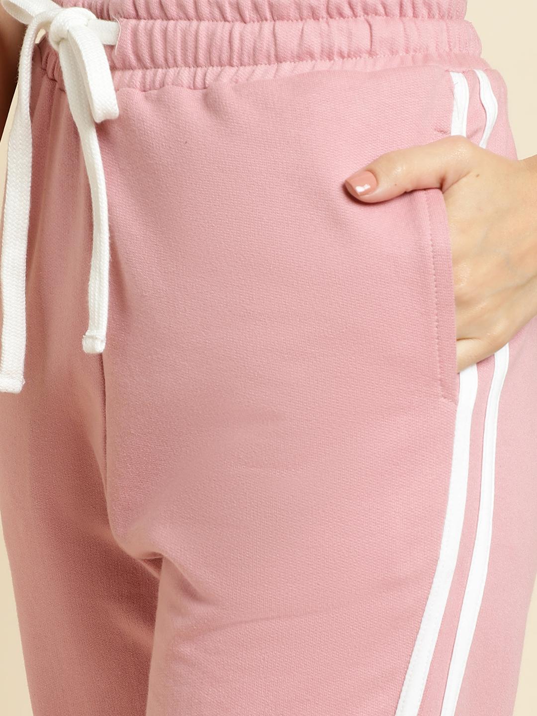 Dusty Pink Terry Cotton Tracksuit Co-ord Set with White Side Stripes