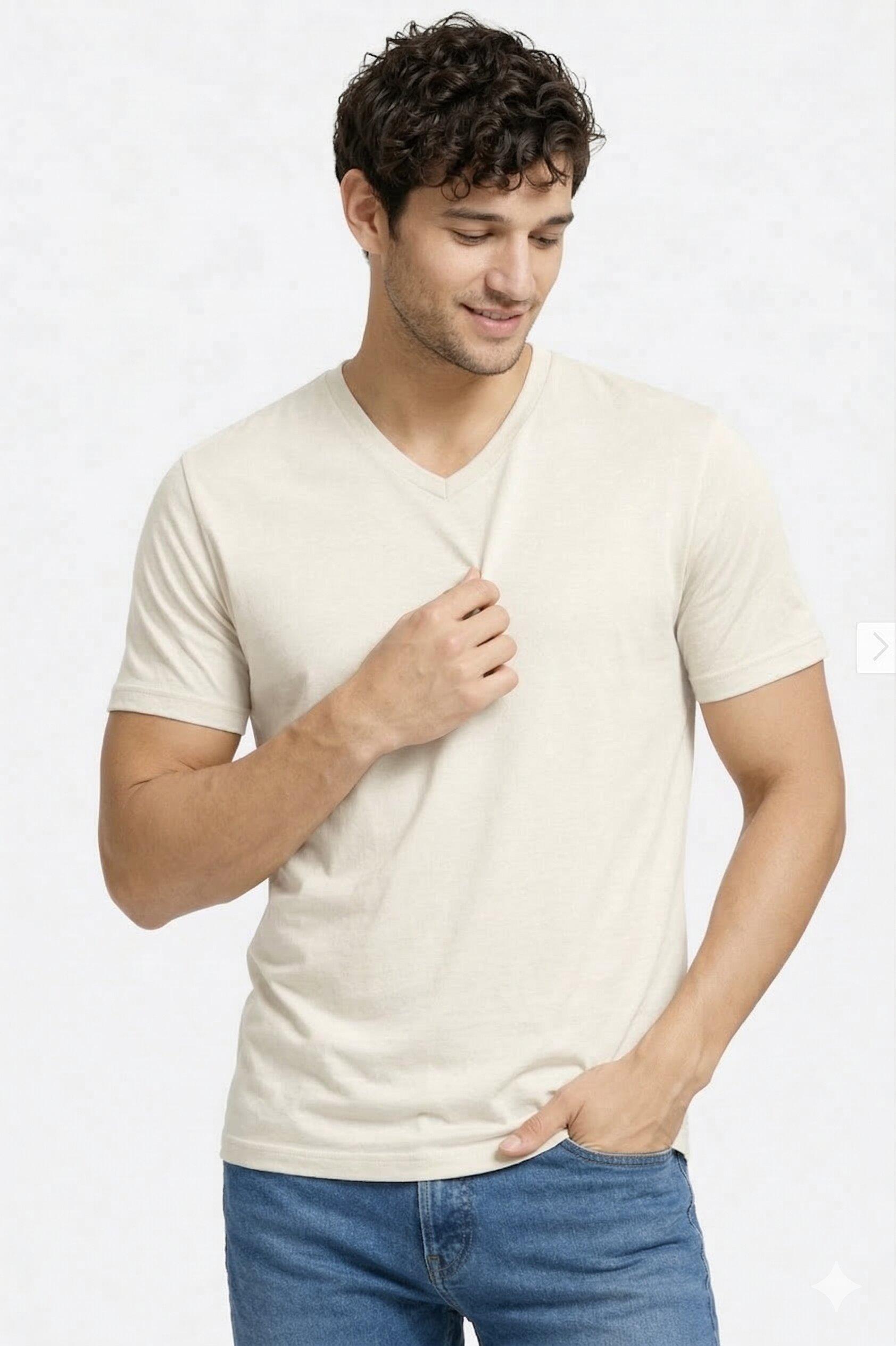 Men's Off-White V-Neck Cotton T-Shirt