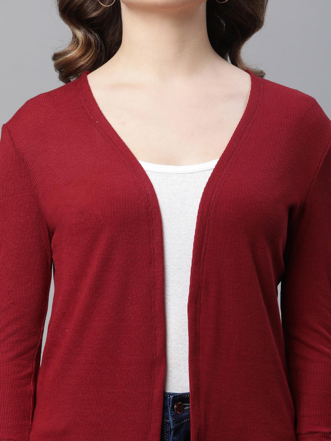 Women's Ribbed Open-Front Shrug – Maroon