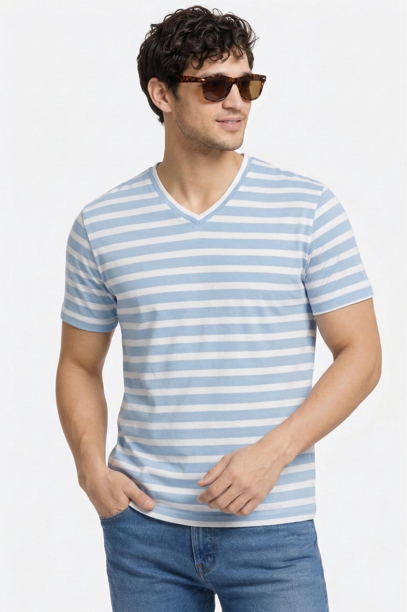 Men's Pure Cotton Striped V-Neck T-Shirt – Sky Blue & White