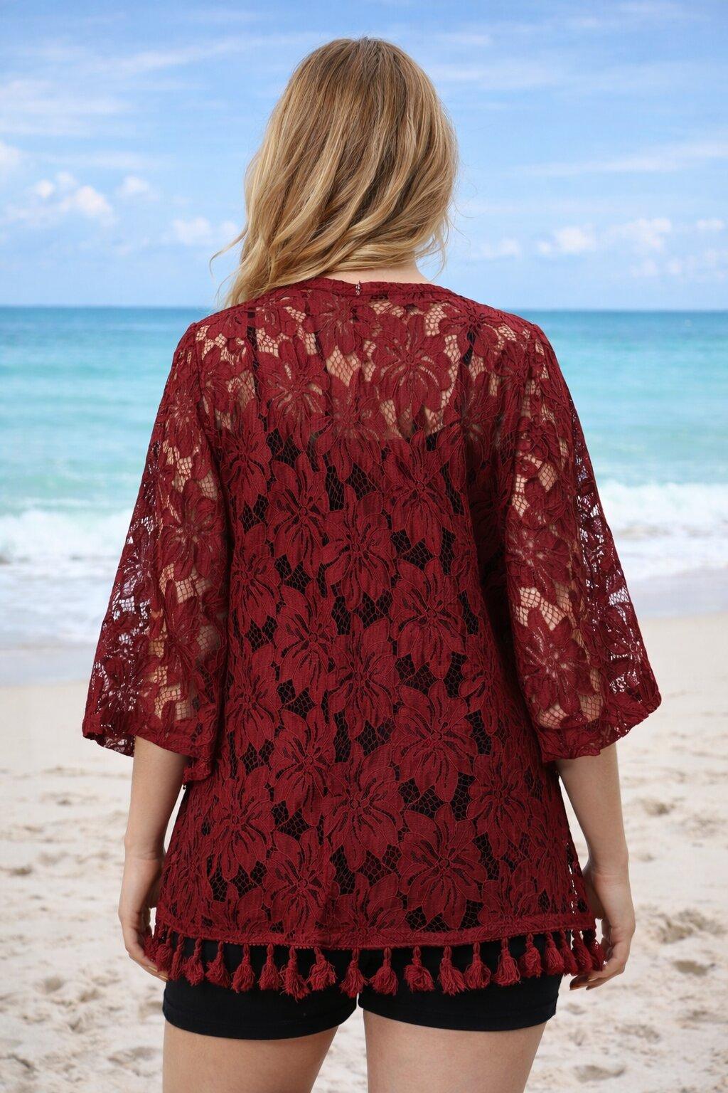 Maroon Lace Tassel Shrug