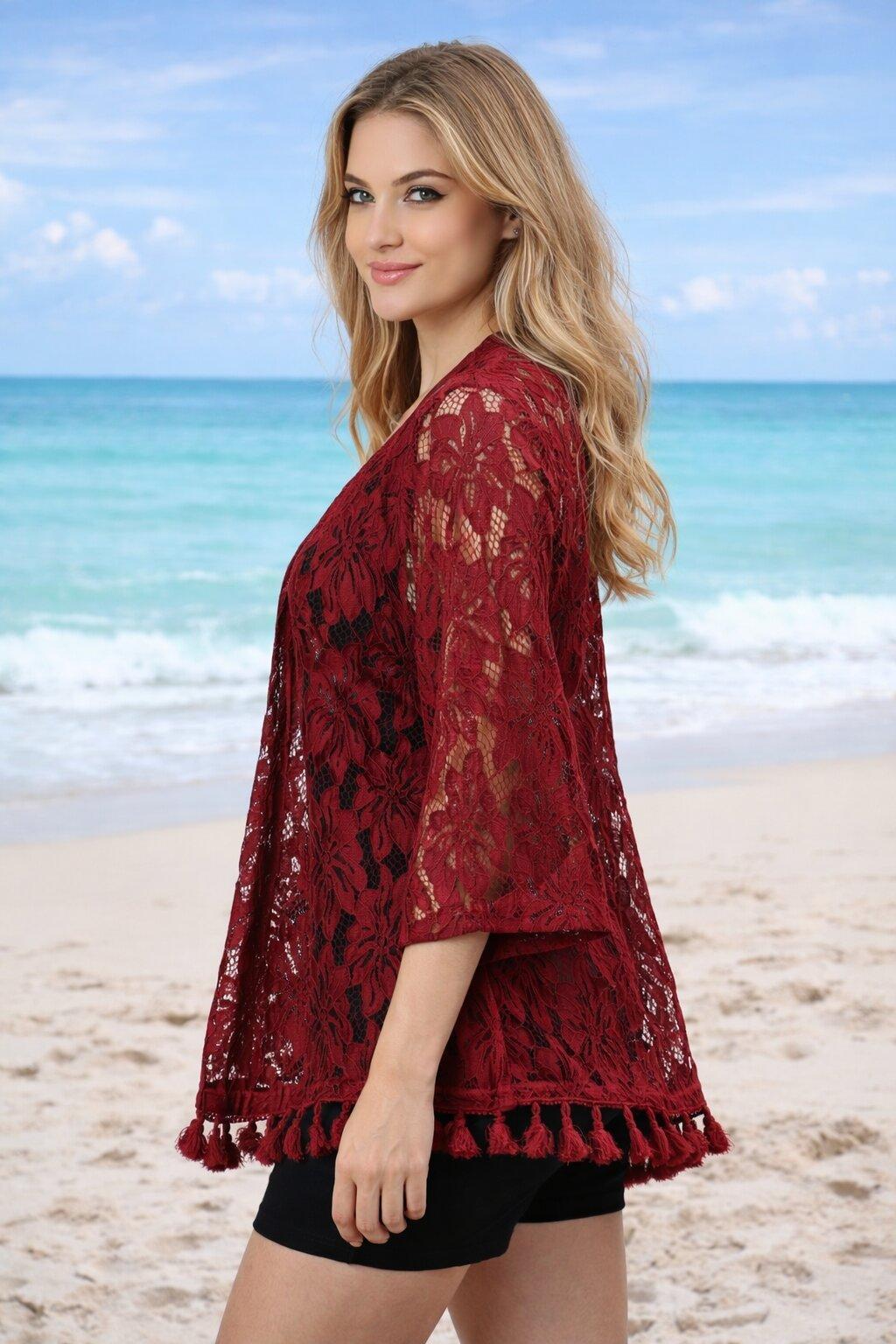 Maroon Lace Tassel Shrug