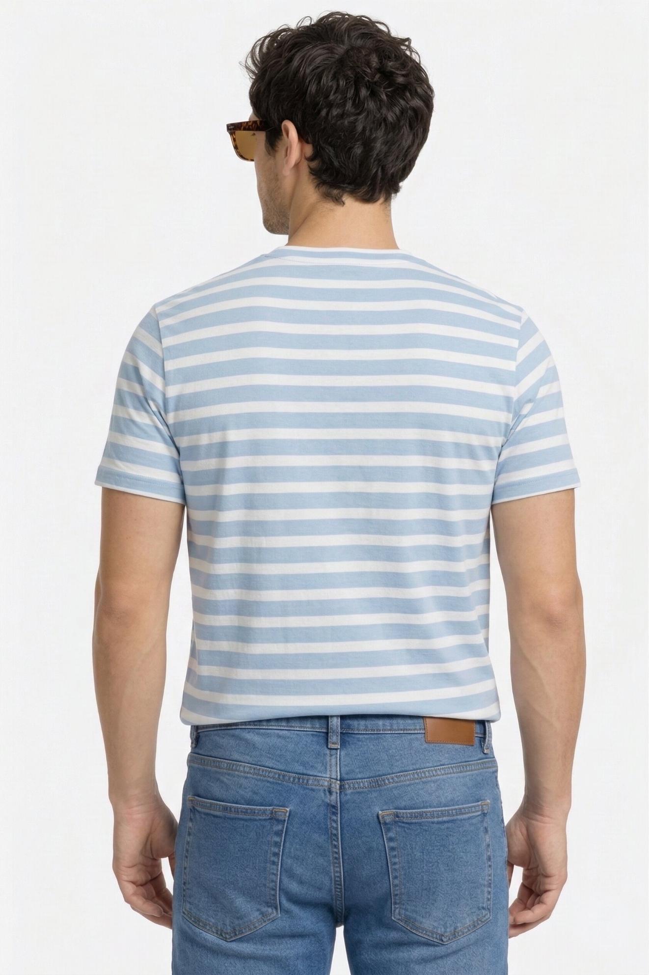 Men's Pure Cotton Striped V-Neck T-Shirt – Sky Blue & White