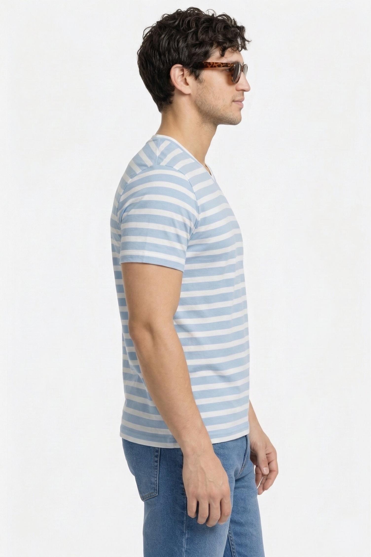 Men's Pure Cotton Striped V-Neck T-Shirt – Sky Blue & White