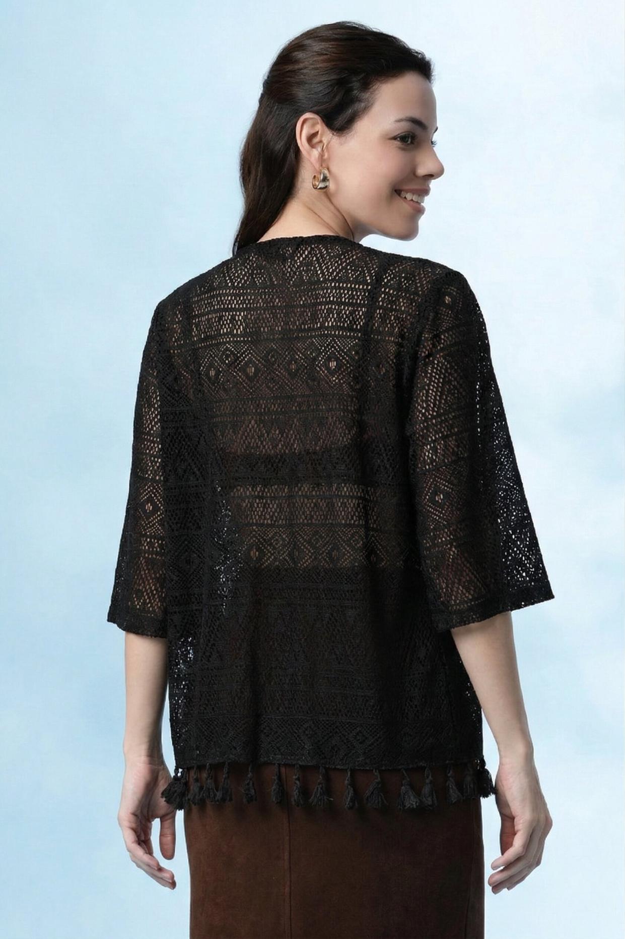Black Shrug Tassel  – Open-Front Cover-Up for Women