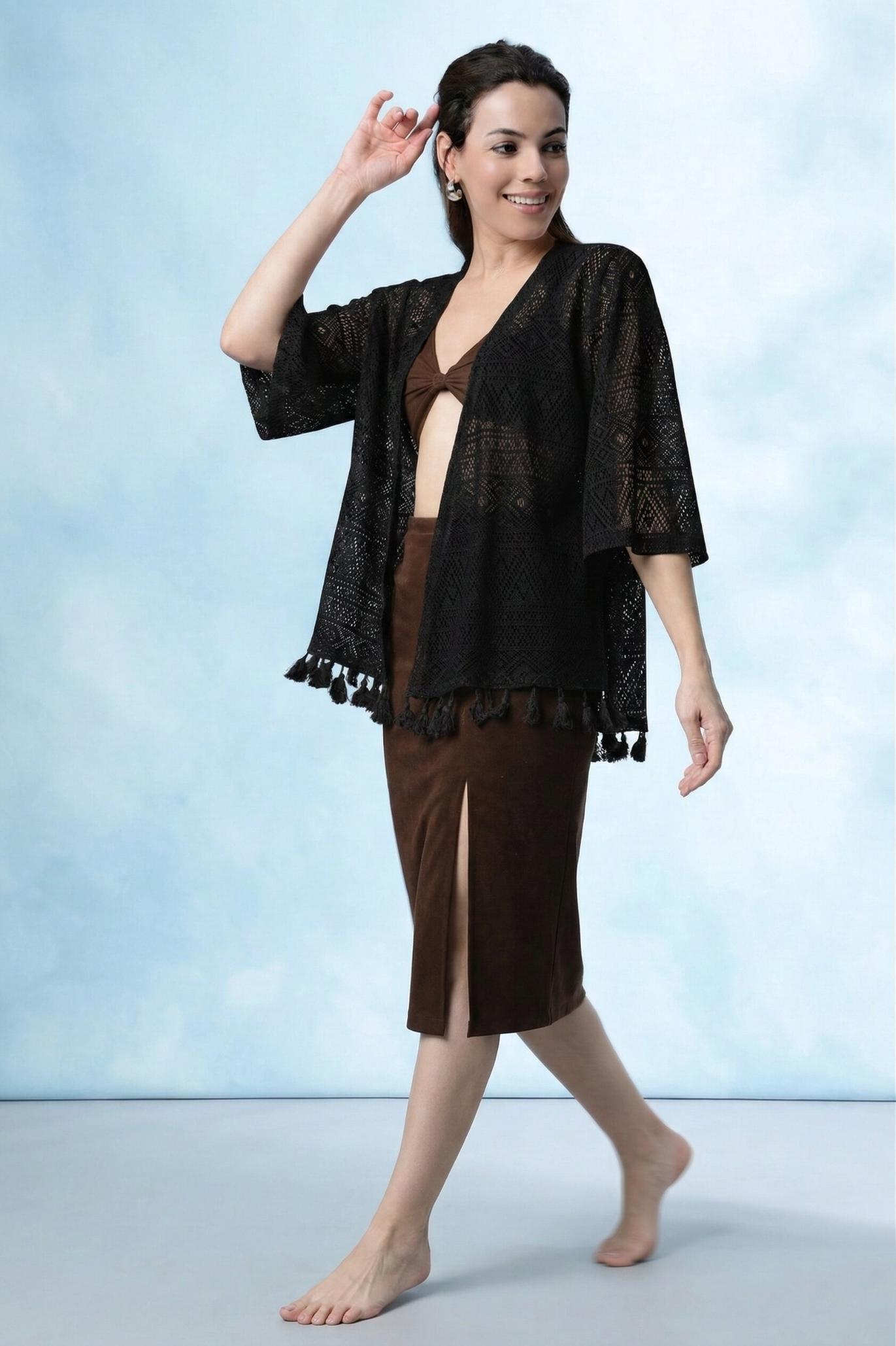 Black Shrug Tassel  – Open-Front Cover-Up for Women
