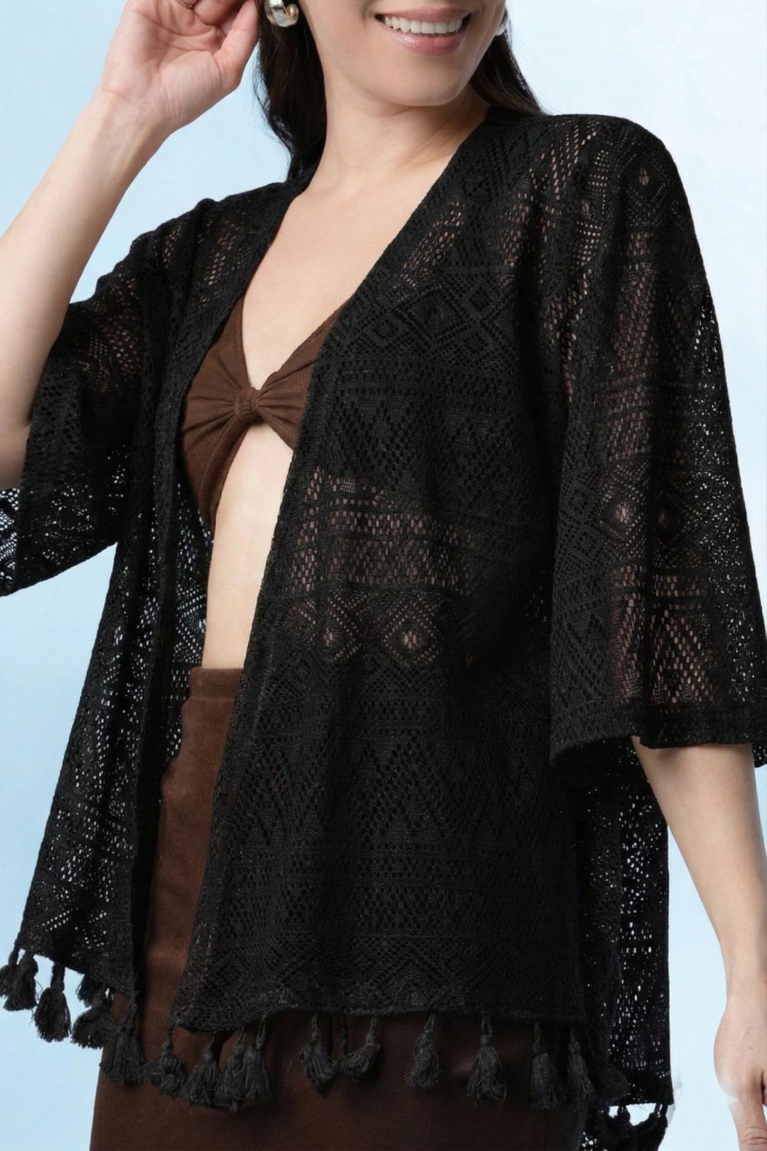 Black Shrug Tassel  – Open-Front Cover-Up for Women