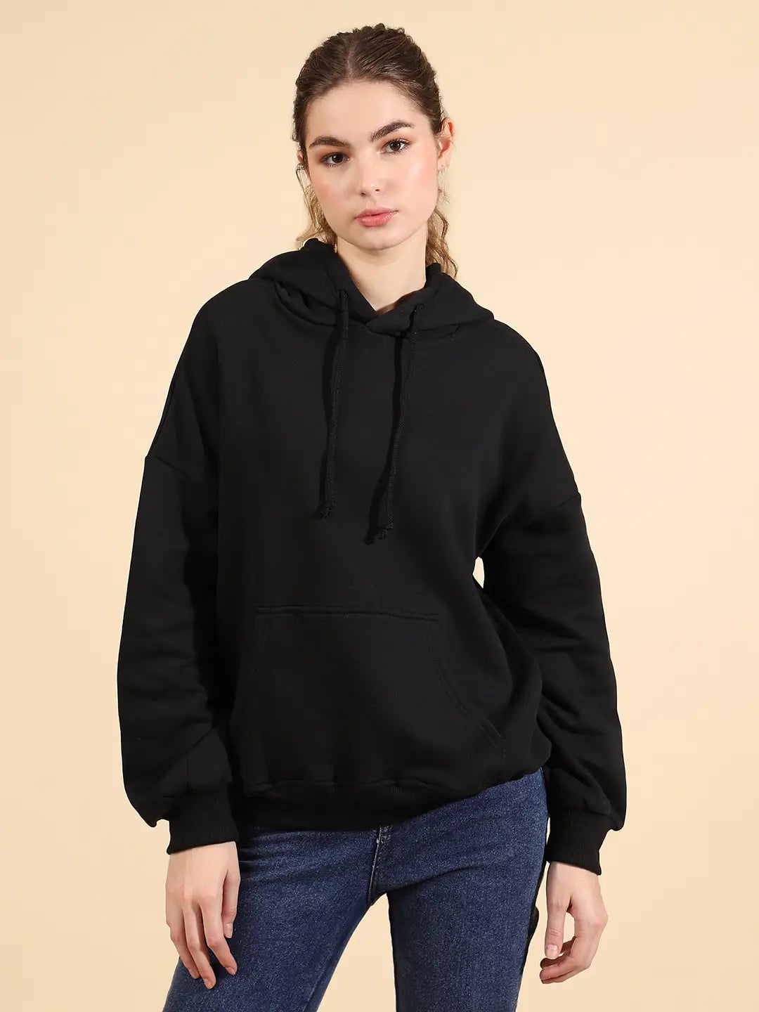 Unaone Pure Cotton Fleece Black Oversized Full Sleeve Winter Wear Hooded Sweatshirt For Women