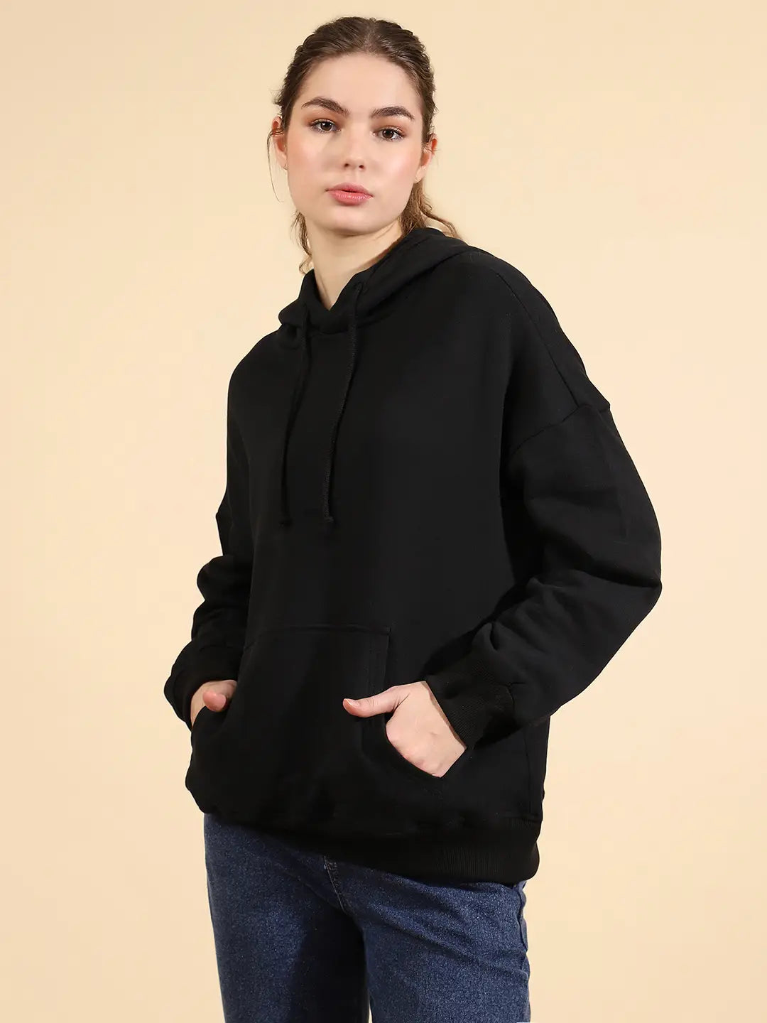 Unaone Pure Cotton Fleece Black Oversized Full Sleeve Winter Wear Hooded Sweatshirt For Women