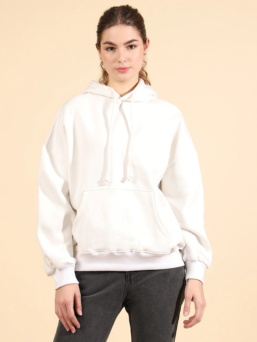 Unaone Pure Cotton Fleece White Oversized Full Sleeve Winter Wear Hooded Sweatshirt For Women