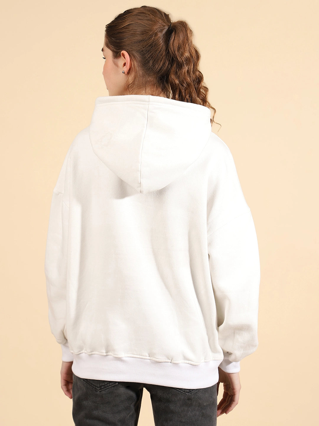 Unaone Pure Cotton Fleece White Oversized Full Sleeve Winter Wear Hooded Sweatshirt For Women
